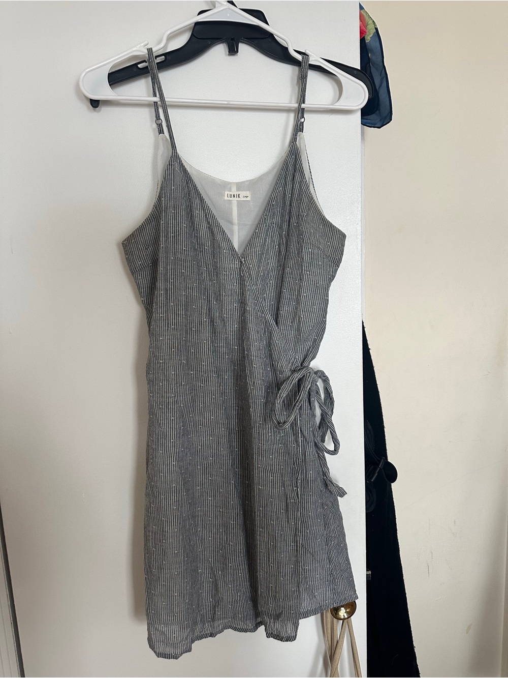 Lunik Gray Pinstripe Wrap-Style Mini Dress